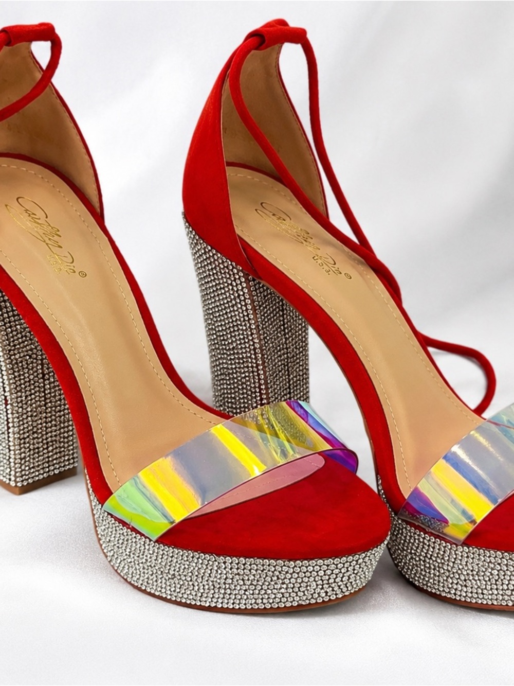 Red Rhinestone Block Heel Sandals with Holographic Strap